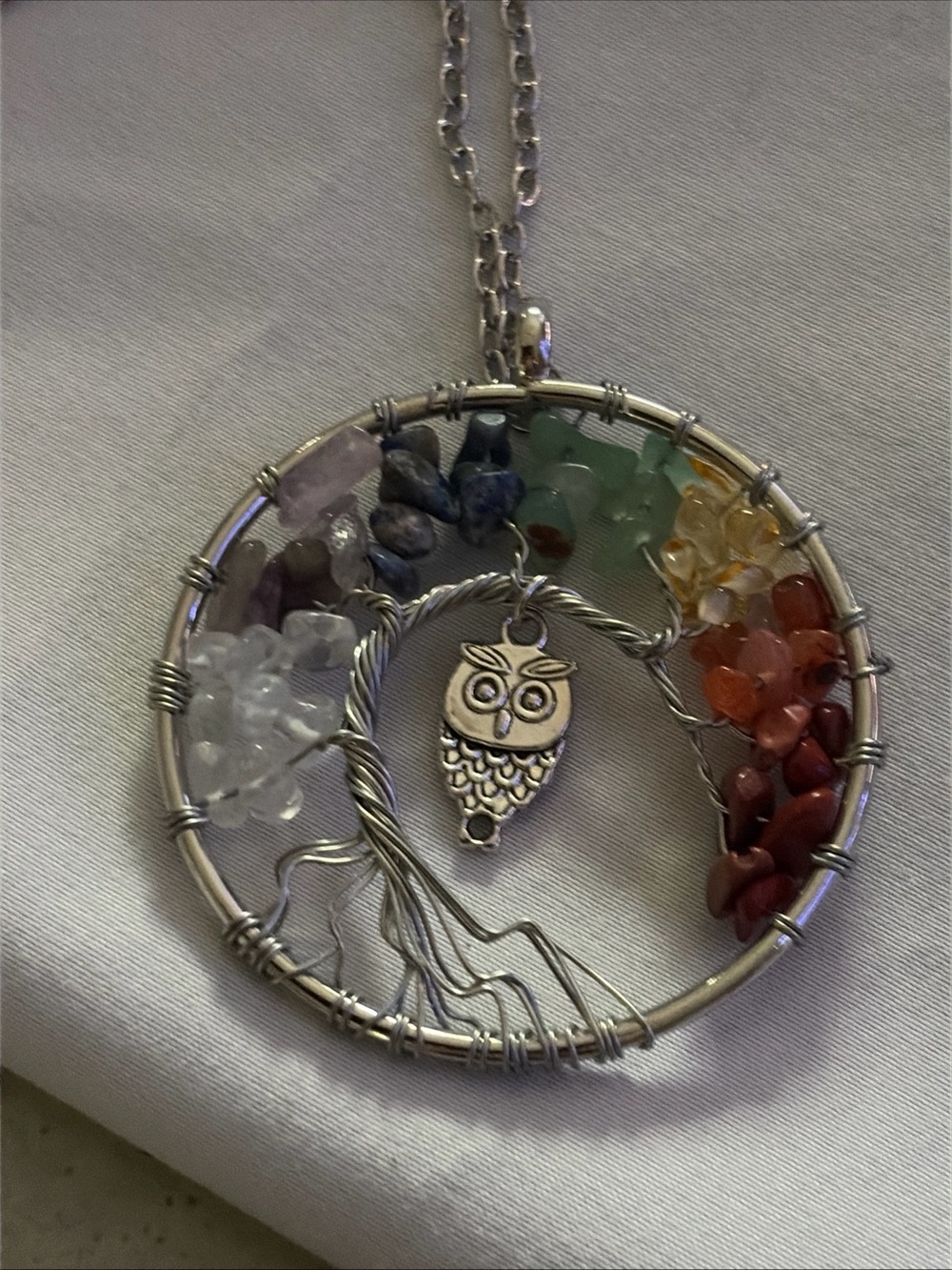 Silver-Tone Owl Tree of Life Pendant Necklace with Multicolor Gemstone Chips